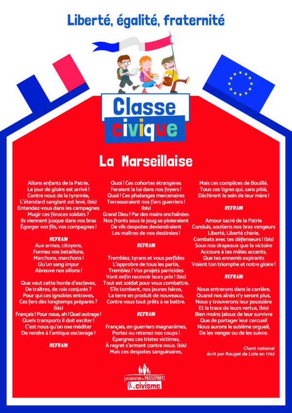 Lot de 10 affiches "Classe Civique" avec paroles de la Marseillaise